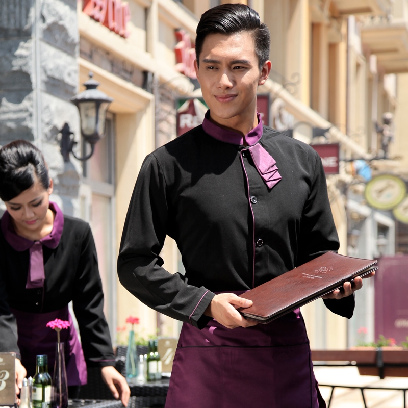 waiter black shirt + purple apron 
